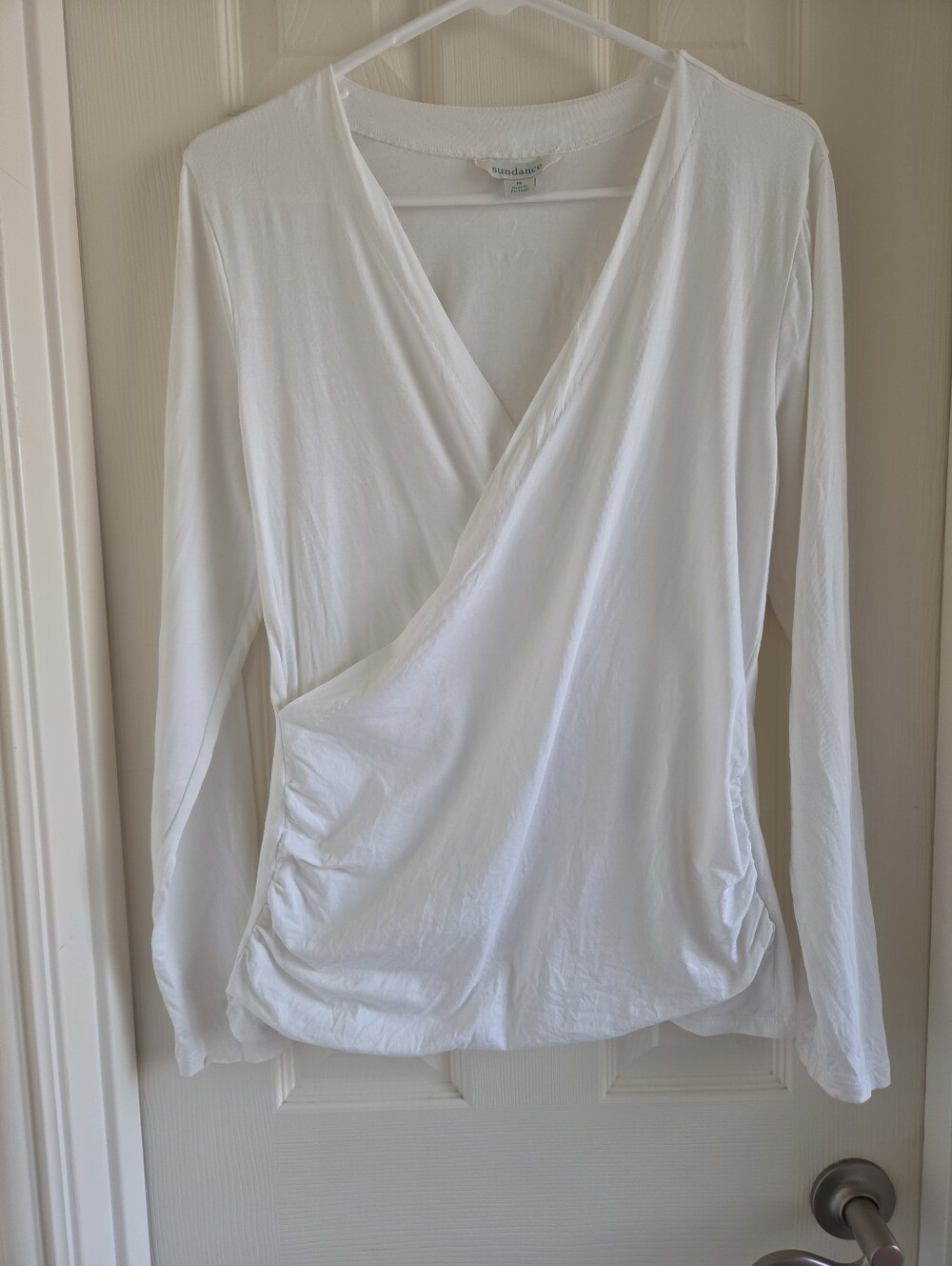 Sundance "Vanessa" Faux Wrap Ruched Top White Long Sleeve M